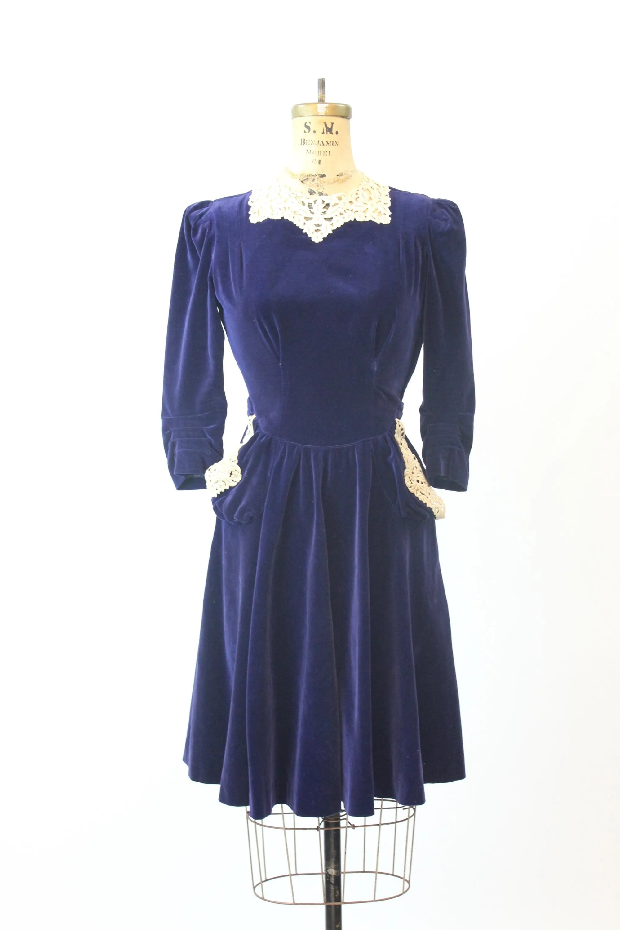 1940s NEW YORK CREATION blue velvet silk dress xs  | new fall winter