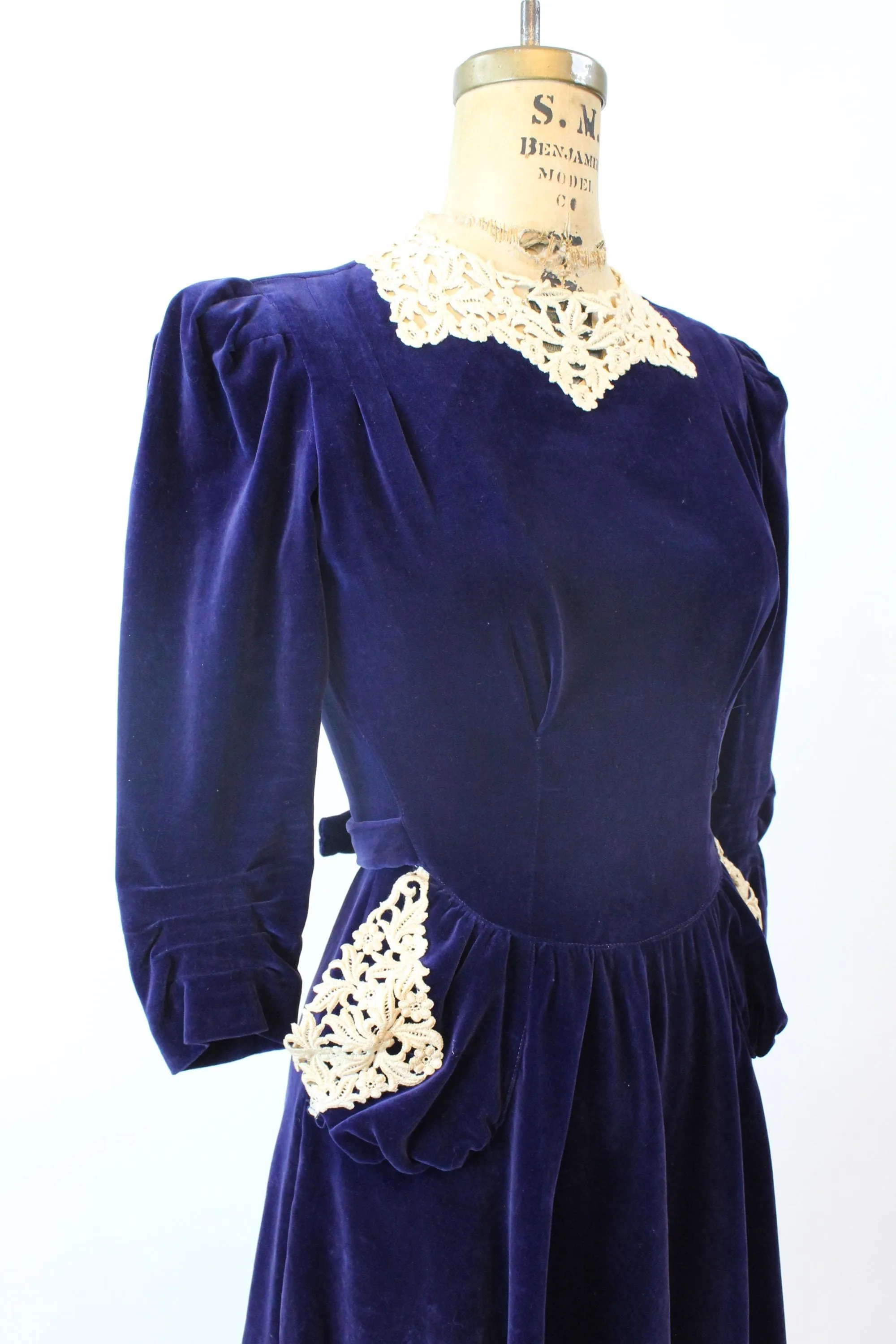 1940s NEW YORK CREATION blue velvet silk dress xs  | new fall winter