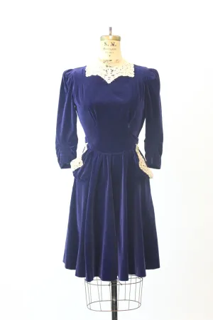 1940s NEW YORK CREATION blue velvet silk dress xs  | new fall winter