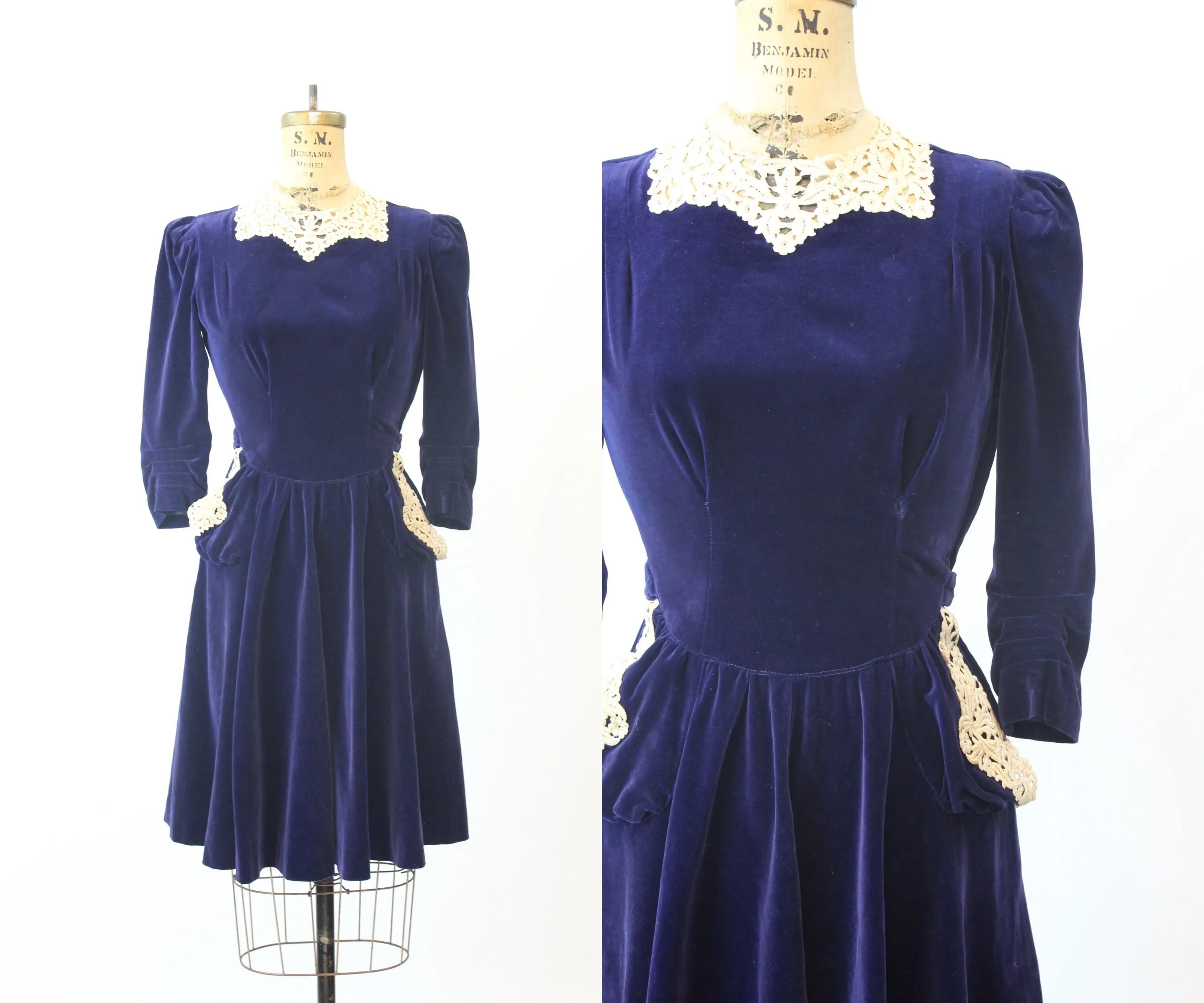 1940s NEW YORK CREATION blue velvet silk dress xs  | new fall winter