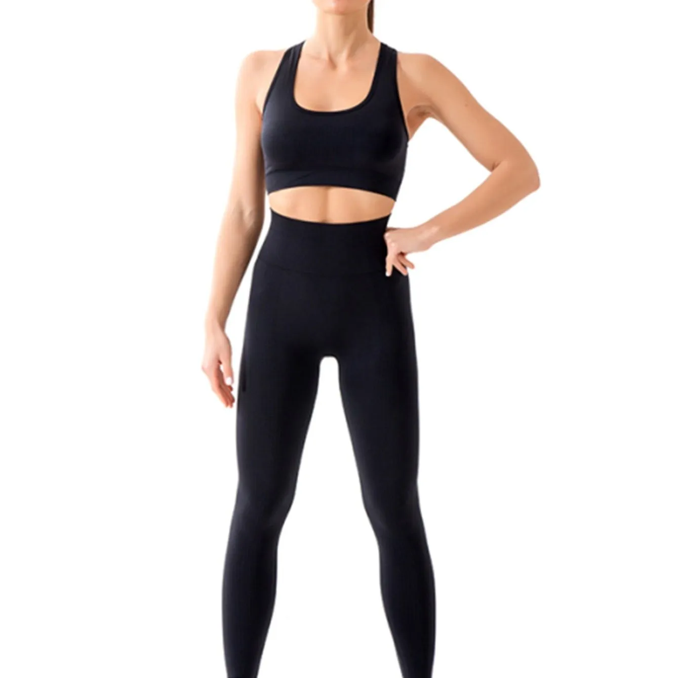 2PCS Workout Seamless Ribbed High Waist Leggings With Sports Bra Exercise Set