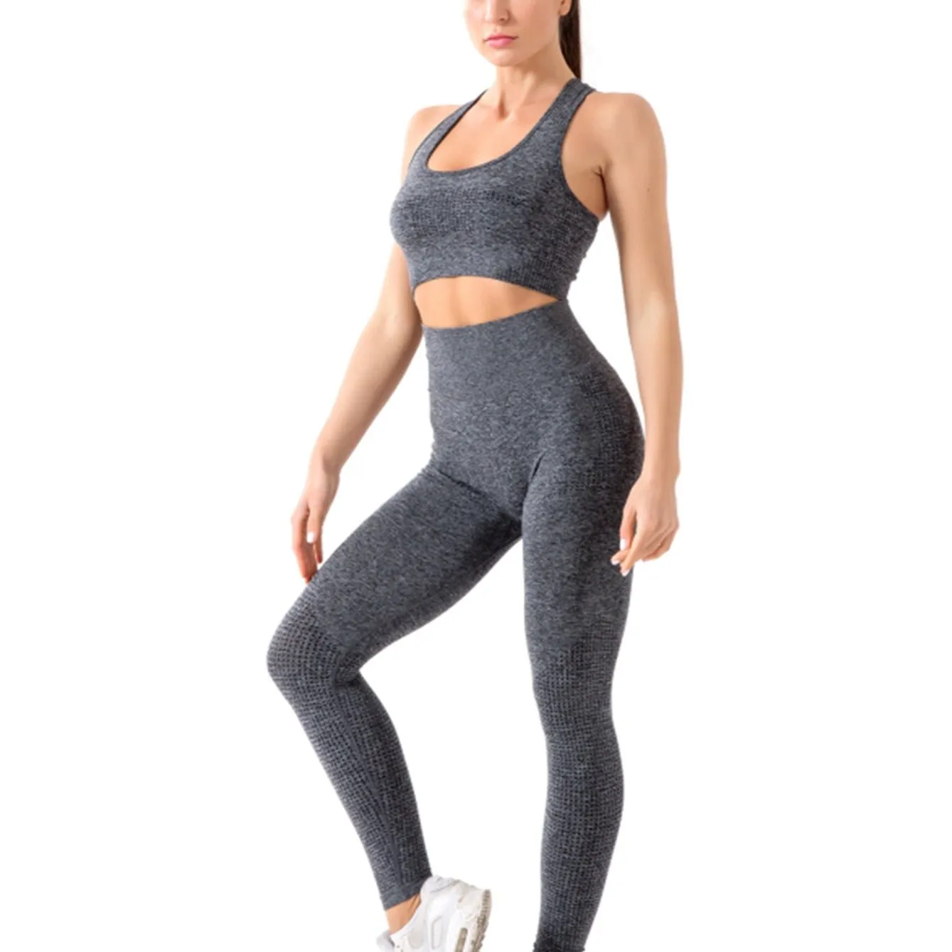 2PCS Workout Seamless Ribbed High Waist Leggings With Sports Bra Exercise Set