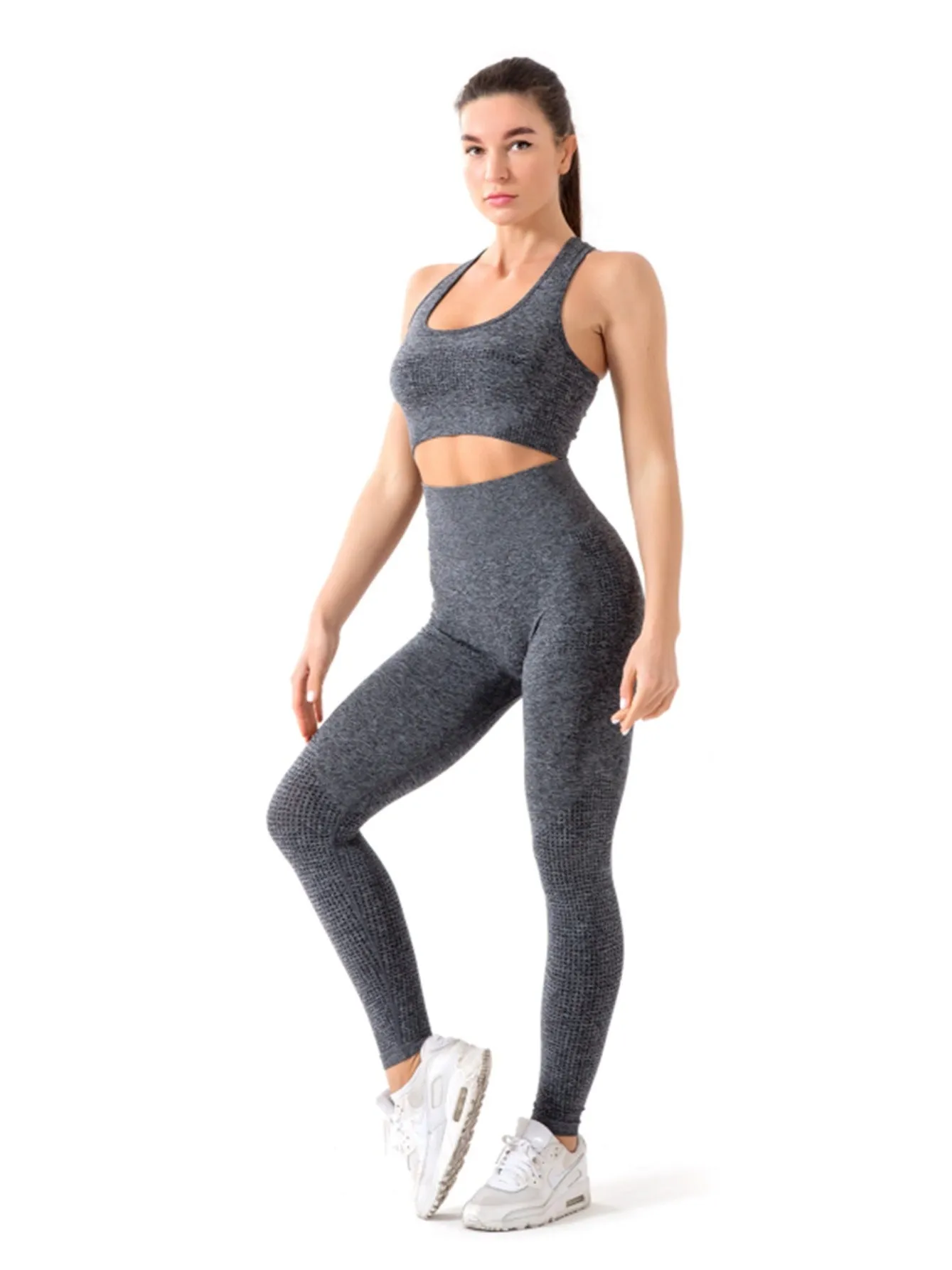 2PCS Workout Seamless Ribbed High Waist Leggings With Sports Bra Exercise Set