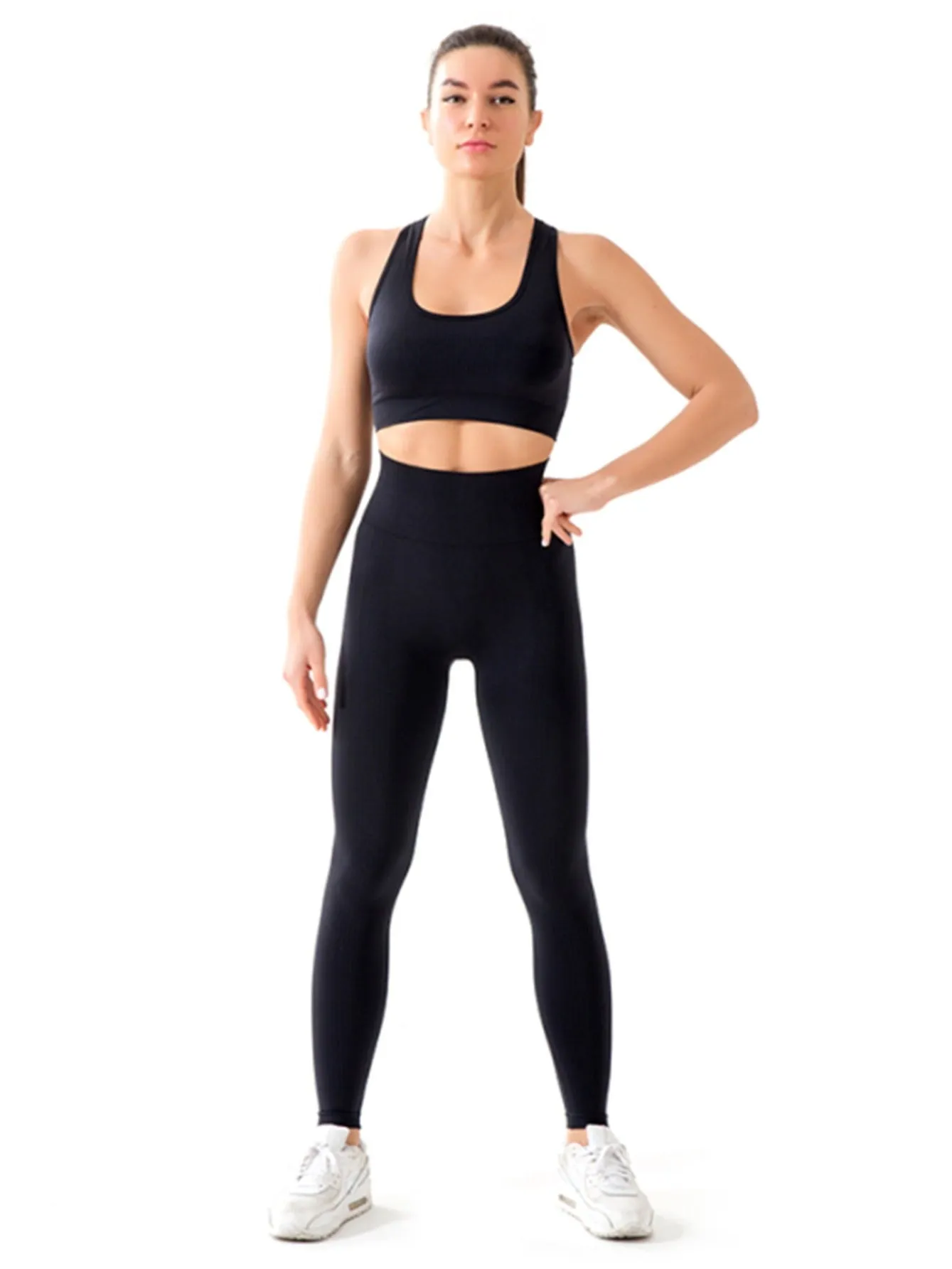 2PCS Workout Seamless Ribbed High Waist Leggings With Sports Bra Exercise Set