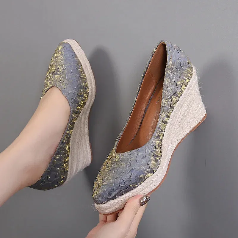 Amozae-New Pointed Shallow Mouth Women Wedge Heel Thick Sole Single Shoes Women Straw Woven Twine rope sole Spring Autumn Shoes