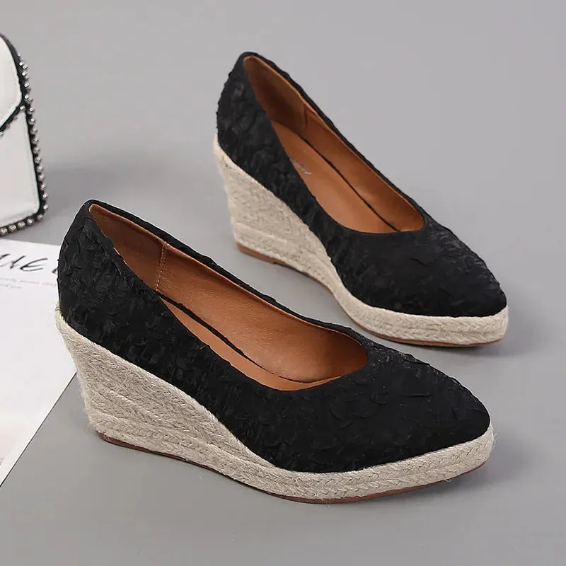 Amozae-New Pointed Shallow Mouth Women Wedge Heel Thick Sole Single Shoes Women Straw Woven Twine rope sole Spring Autumn Shoes