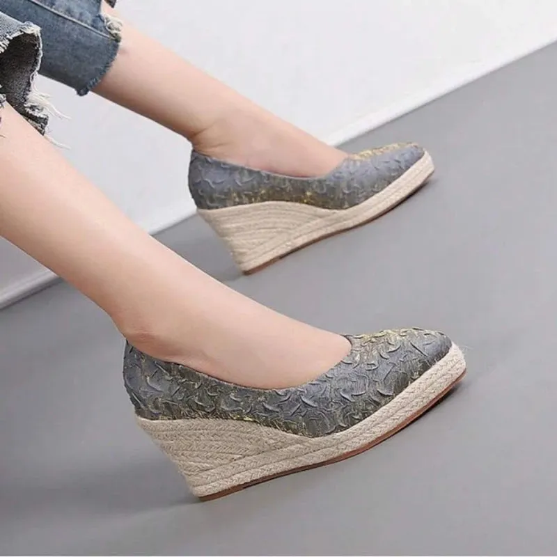 Amozae-New Pointed Shallow Mouth Women Wedge Heel Thick Sole Single Shoes Women Straw Woven Twine rope sole Spring Autumn Shoes