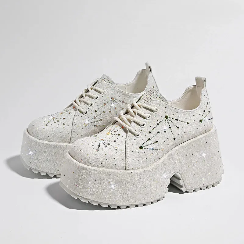 Amozae-Rhinestone High Wedge Sneakers Punk Style Lace-ups Sparkles Comfy Chunky Women Shoes New Fashion Suede Designer Platform Shoes