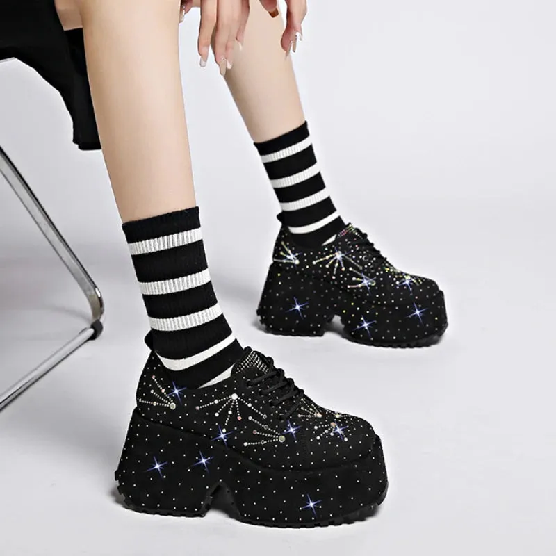 Amozae-Rhinestone High Wedge Sneakers Punk Style Lace-ups Sparkles Comfy Chunky Women Shoes New Fashion Suede Designer Platform Shoes