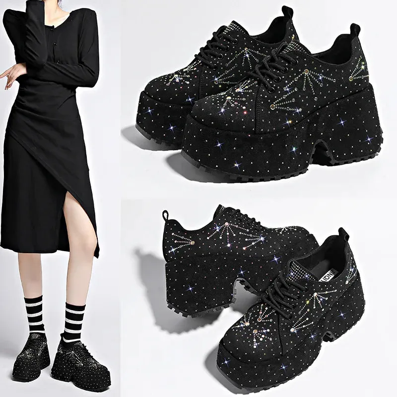 Amozae-Rhinestone High Wedge Sneakers Punk Style Lace-ups Sparkles Comfy Chunky Women Shoes New Fashion Suede Designer Platform Shoes