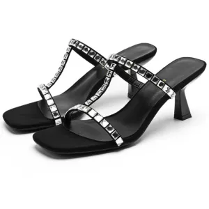 Amozae-Rhinestone Luxury Sandals Women Square Toe High Heels Women Open-toe Flip-flops Fashion Designer Pumps Slingback Slipper Women