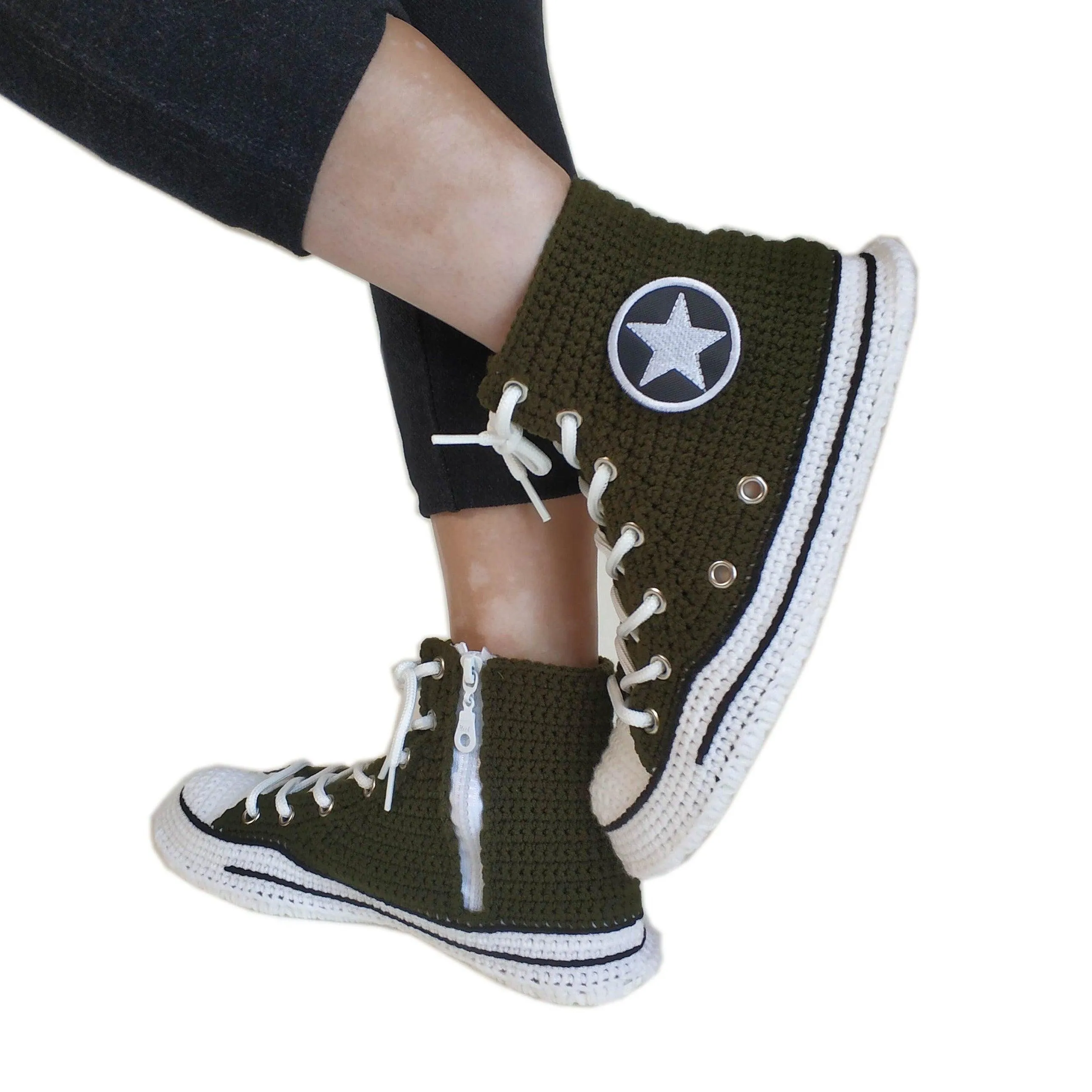 Army Green Military Canvas High Top Sneakers Slippers - Custom Handmade House Plush Shoes