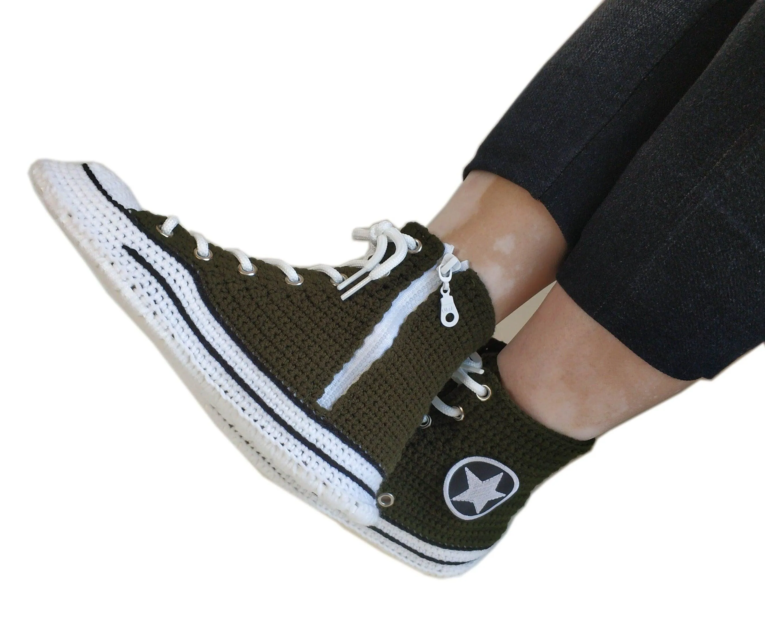 Army Green Military Canvas High Top Sneakers Slippers - Custom Handmade House Plush Shoes