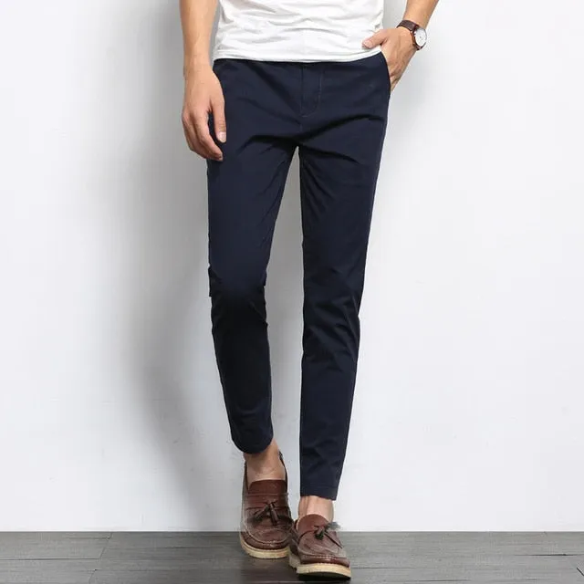 Autumn Mens Fashion Solid Color Casual Straight Slight Elastic Ankle-Length High Quality Formal Trousers Pants