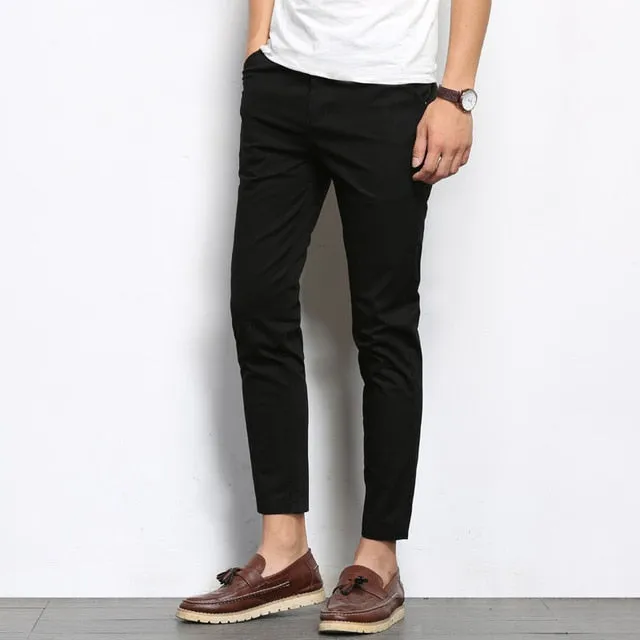 Autumn Mens Fashion Solid Color Casual Straight Slight Elastic Ankle-Length High Quality Formal Trousers Pants