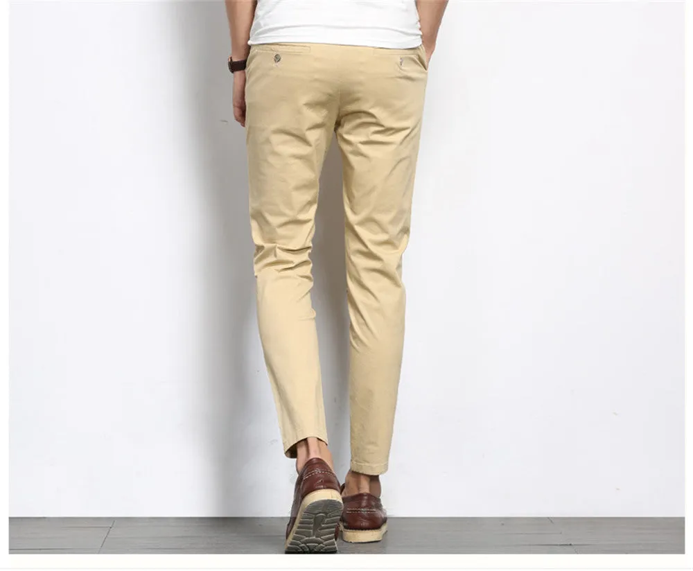 Autumn Mens Fashion Solid Color Casual Straight Slight Elastic Ankle-Length High Quality Formal Trousers Pants