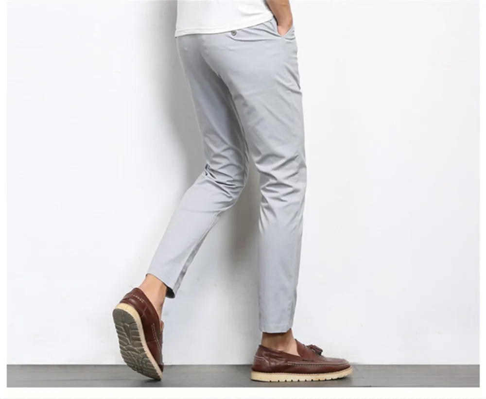 Autumn Mens Fashion Solid Color Casual Straight Slight Elastic Ankle-Length High Quality Formal Trousers Pants