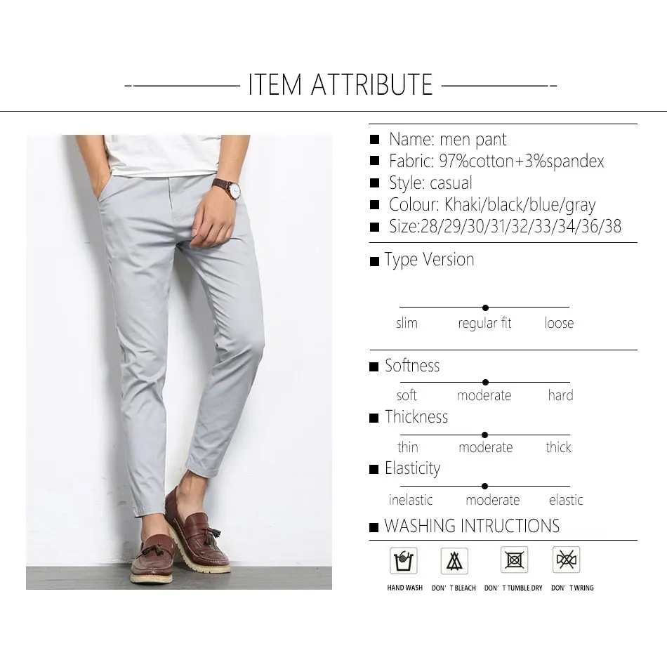 Autumn Mens Fashion Solid Color Casual Straight Slight Elastic Ankle-Length High Quality Formal Trousers Pants