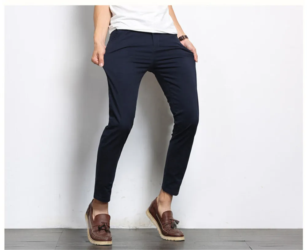 Autumn Mens Fashion Solid Color Casual Straight Slight Elastic Ankle-Length High Quality Formal Trousers Pants