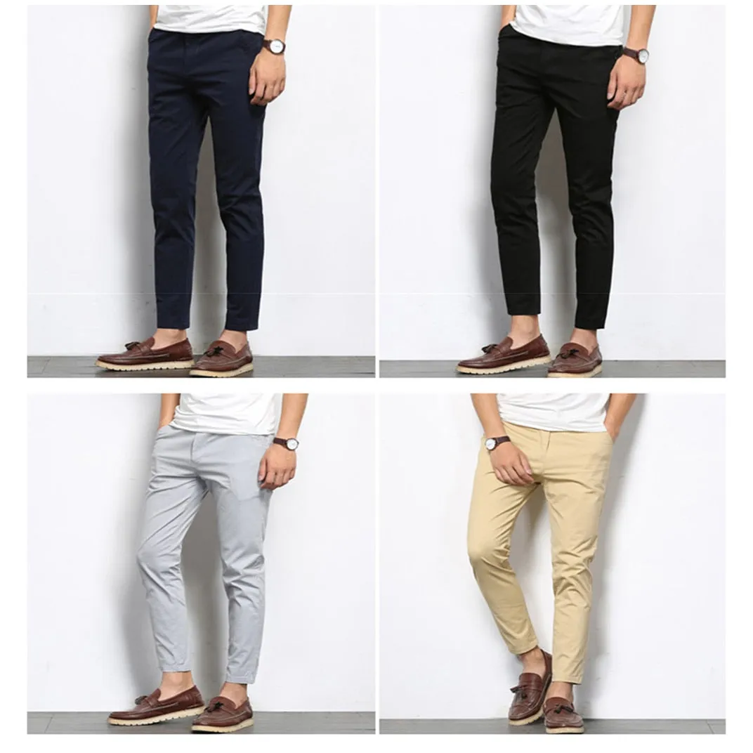 Autumn Mens Fashion Solid Color Casual Straight Slight Elastic Ankle-Length High Quality Formal Trousers Pants