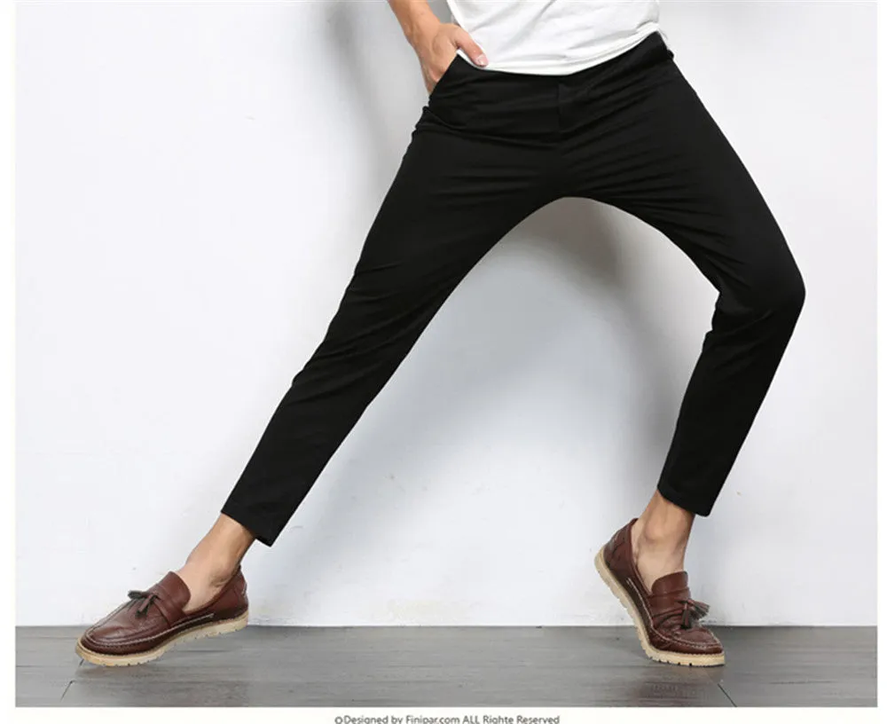 Autumn Mens Fashion Solid Color Casual Straight Slight Elastic Ankle-Length High Quality Formal Trousers Pants