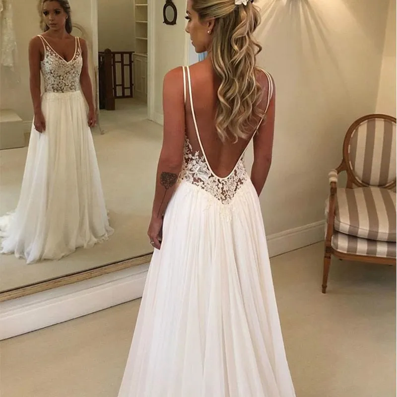 Backless V Neck Sleeveless Boho Wedding Gowns Custom Made Bohemian Lace Beach Wedding Dress