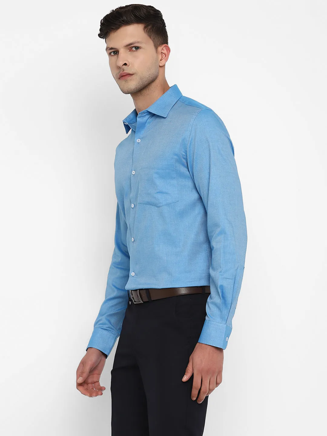 Blue Cotton Self Design Slim Fit Shirts