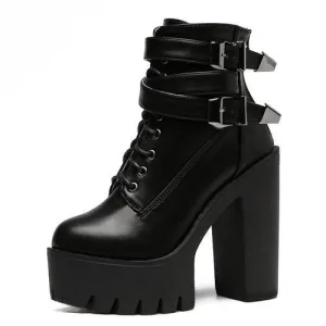 Buckle Lace Up Fashionable Leather Boots For Women