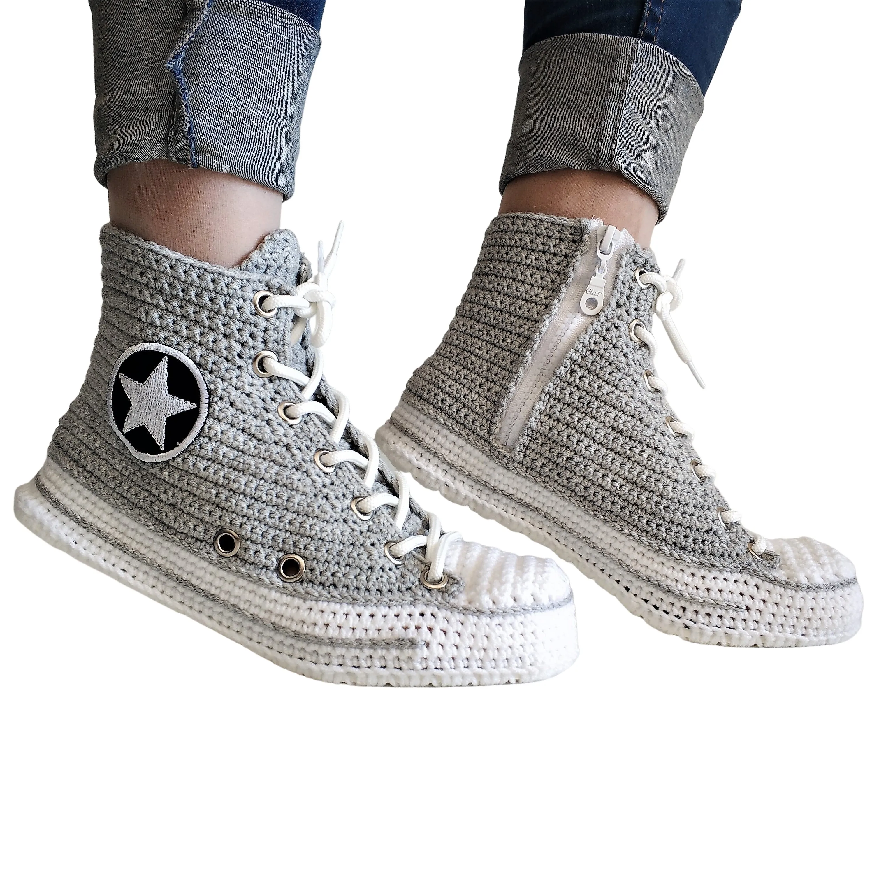 Converse Crochet Grey Men Sneakers Plush Slippers - High Top Custom House Soft Shoes