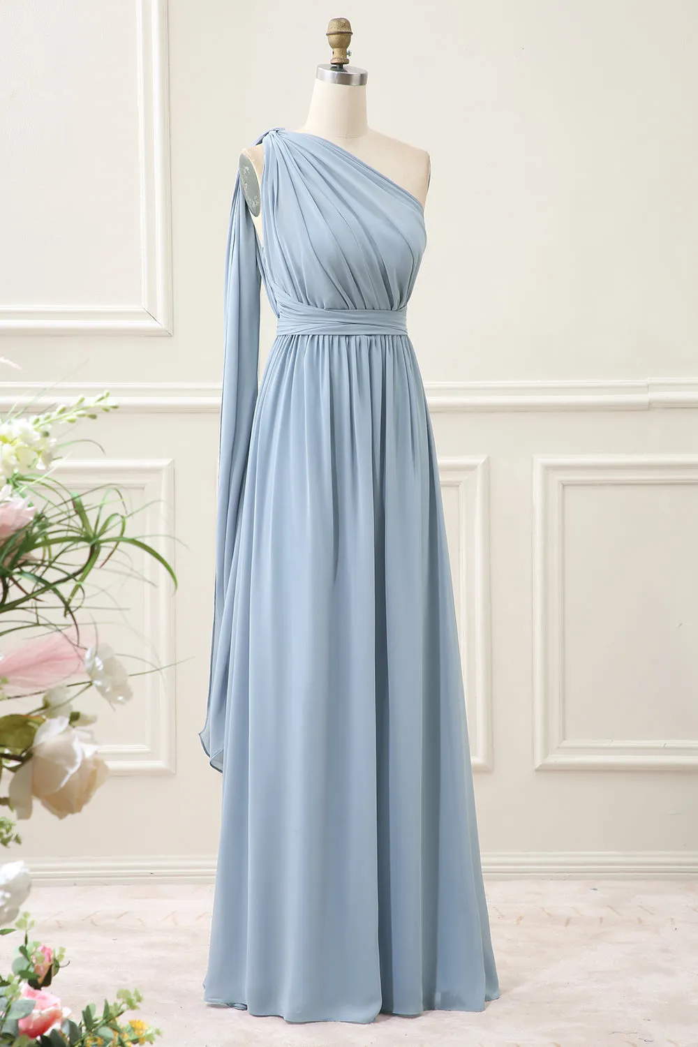 Convertible Chiffon Dusty Blue One Shoulder Maxi Dress