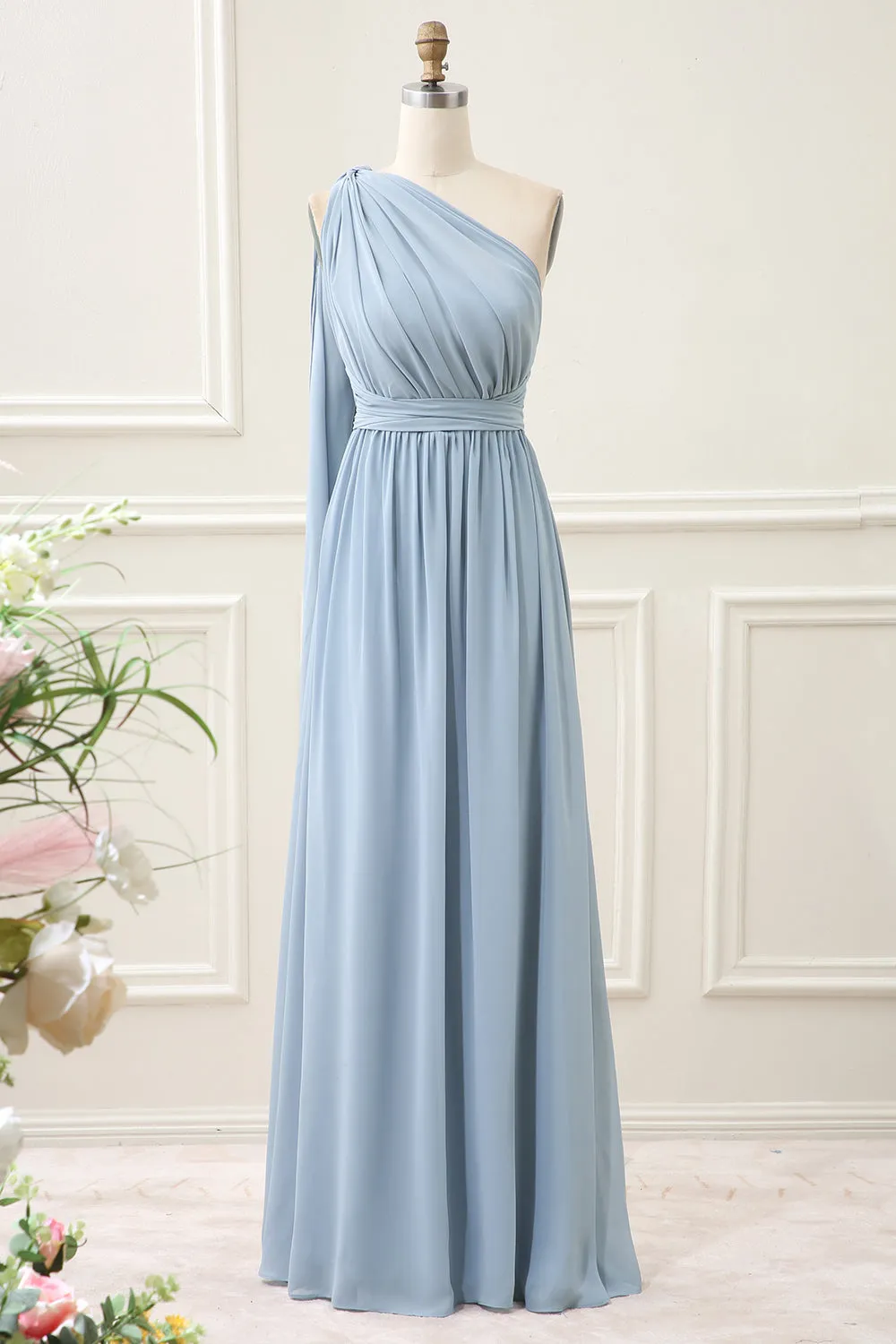 Convertible Chiffon Dusty Blue One Shoulder Maxi Dress