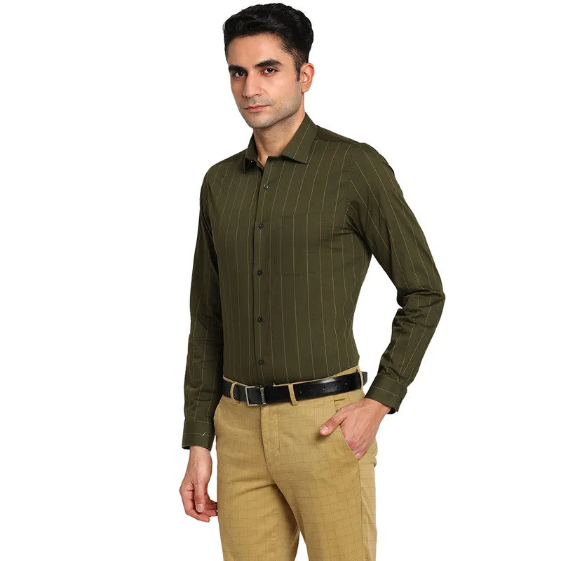 Cotton Olive Slim Fit Striped Formal Shirts