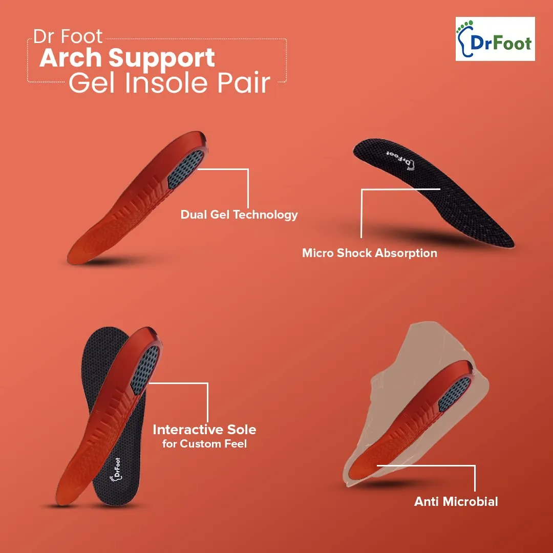 Dr Foot Arch Support Gel Insole Pair | For All-Day Comfort | Shoe Inserts for Flat Feet, High Arch, Foot Pain | Full-Length Orthotics | For Men & Women – 1 Pair (Medium Size) (Pack of 10)