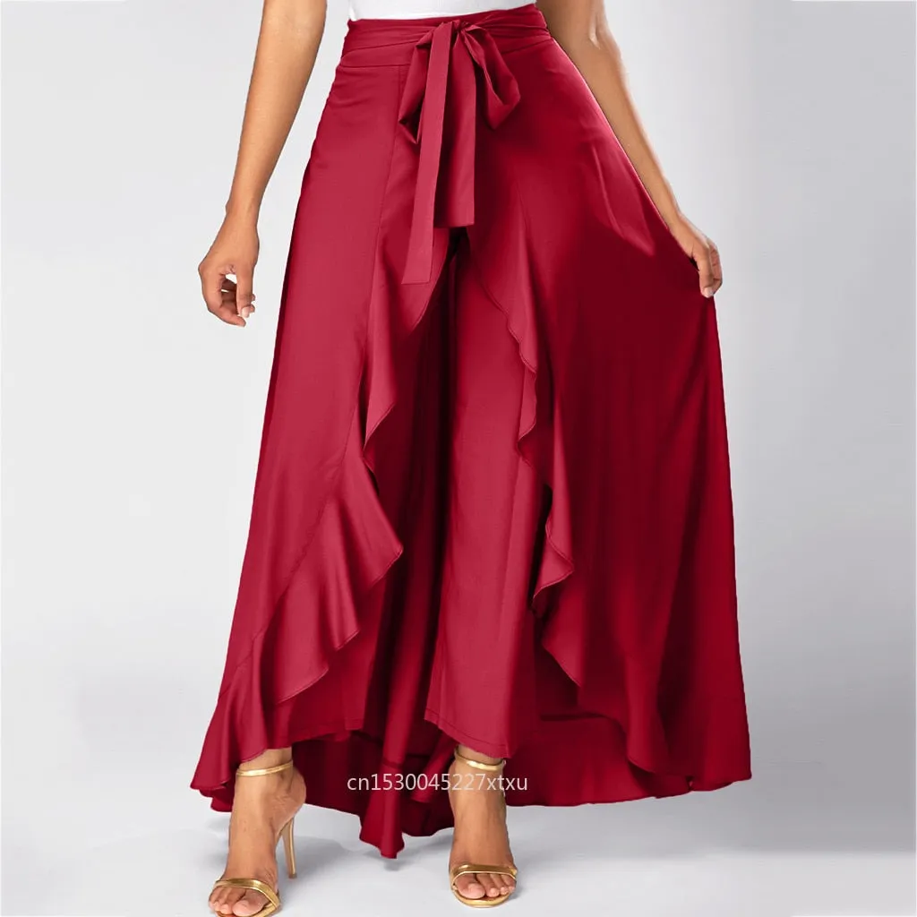 Dress Pants Short Front Long Back Party Skirt Irregular High Low Side Zipper Tie casual Wild Front Overlay Pants Ruffle Dropship