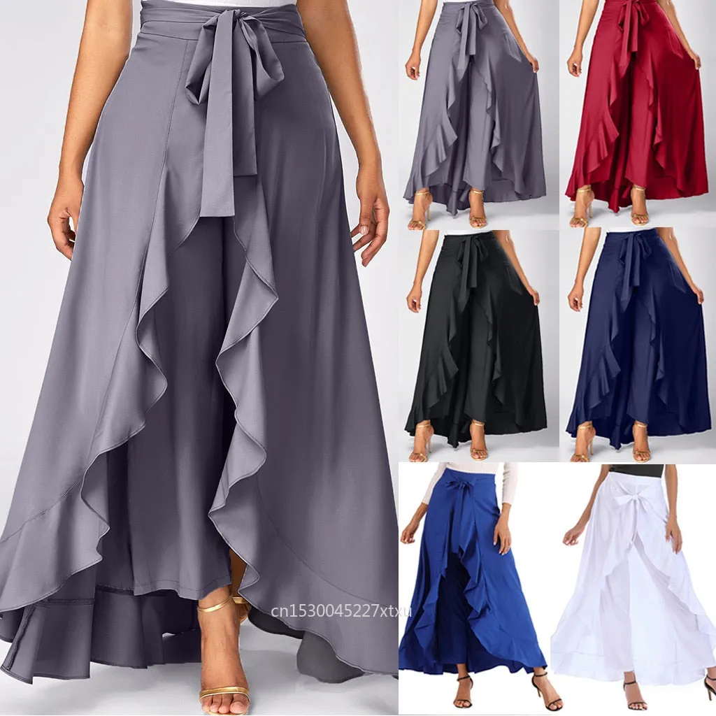 Dress Pants Short Front Long Back Party Skirt Irregular High Low Side Zipper Tie casual Wild Front Overlay Pants Ruffle Dropship