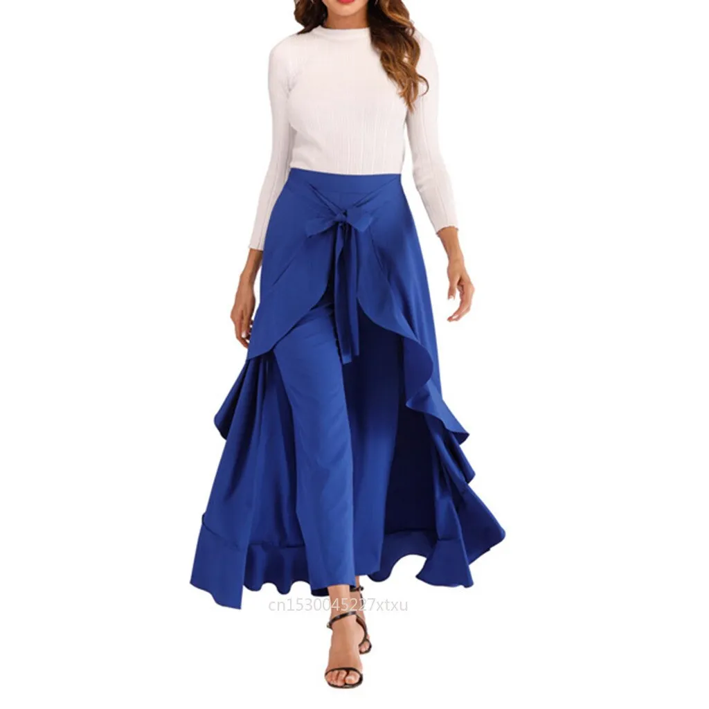 Dress Pants Short Front Long Back Party Skirt Irregular High Low Side Zipper Tie casual Wild Front Overlay Pants Ruffle Dropship