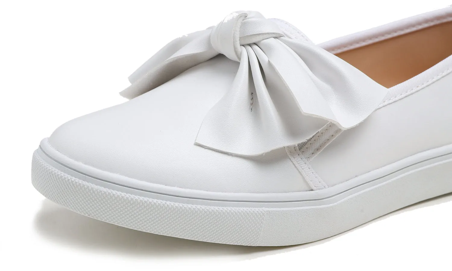 Feversole Women's Casual Slip On Sneaker Comfort Cupsole Loafer Flats White Bow Vegan Leather