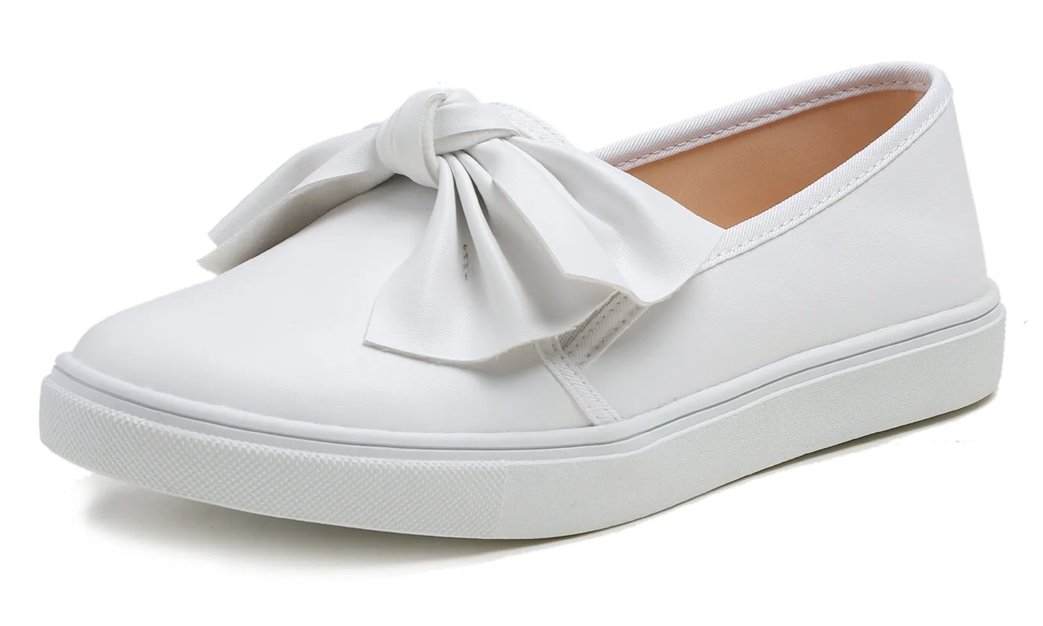 Feversole Women's Casual Slip On Sneaker Comfort Cupsole Loafer Flats White Bow Vegan Leather