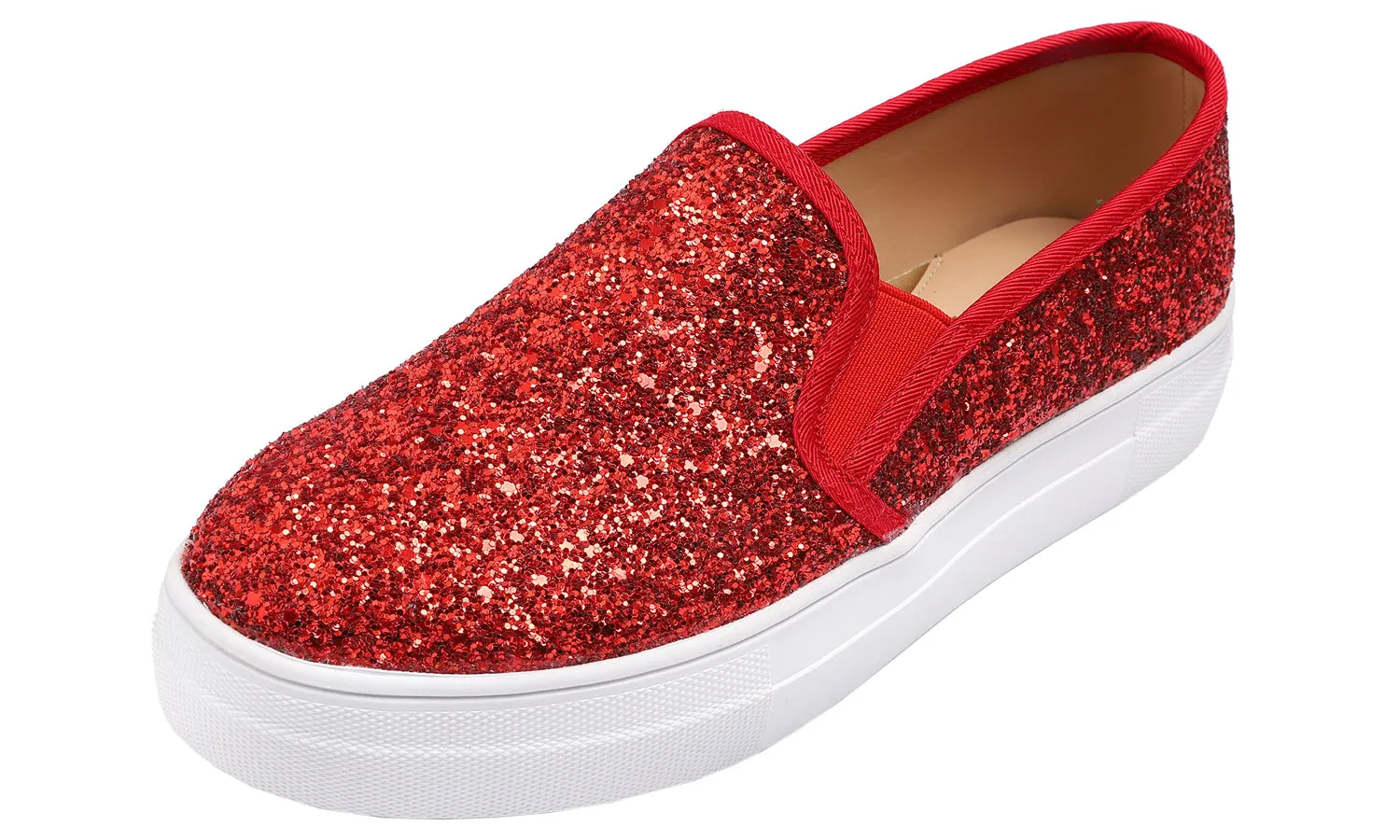 Feversole Women's Glitter Red Platform Slip On Sneaker Casual Flat Loafers