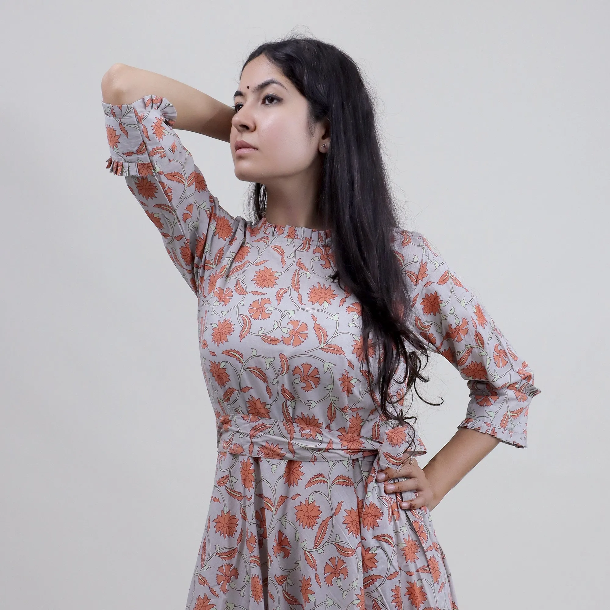 Grey Hand Block Floral Printed Soft Cotton Midi Dress