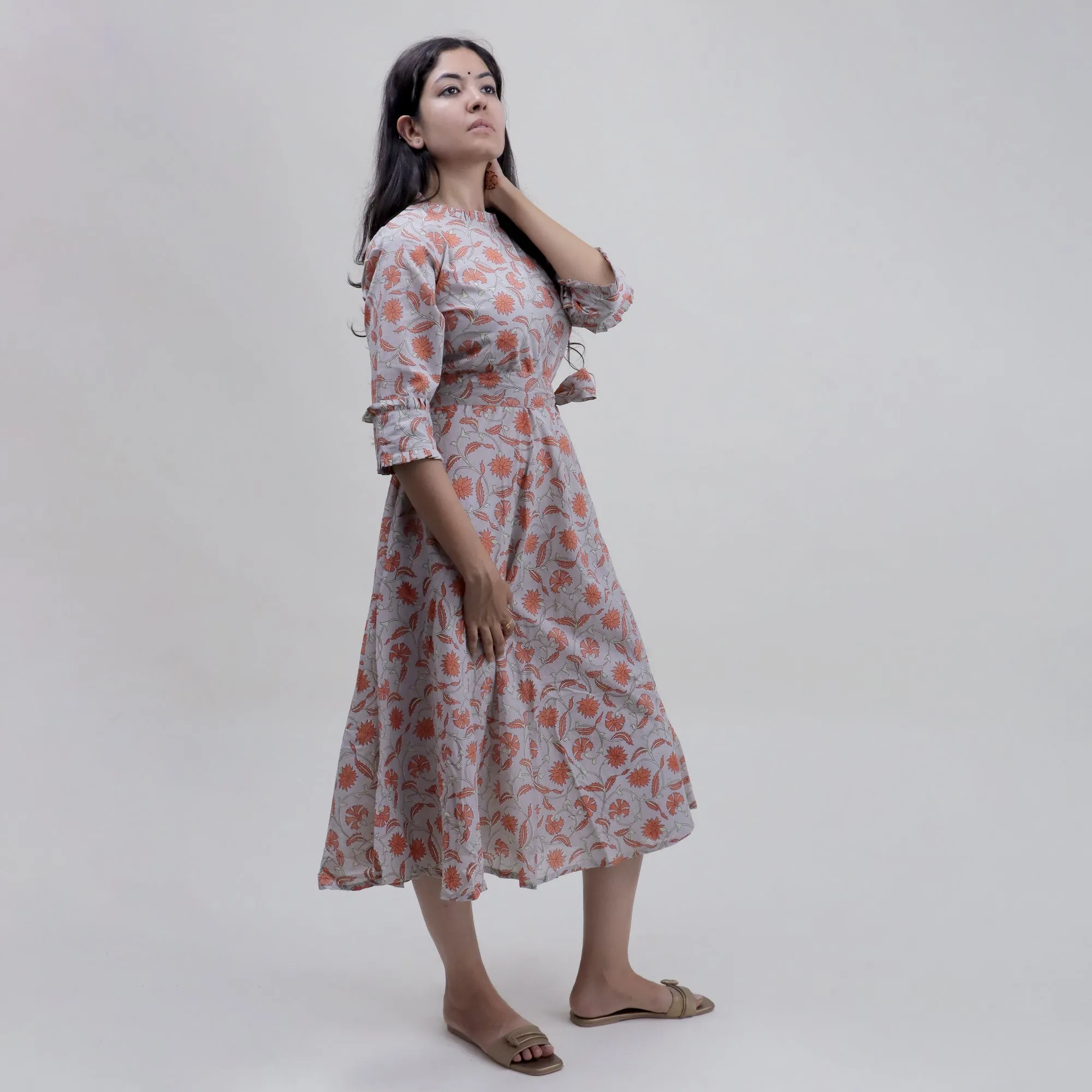 Grey Hand Block Floral Printed Soft Cotton Midi Dress