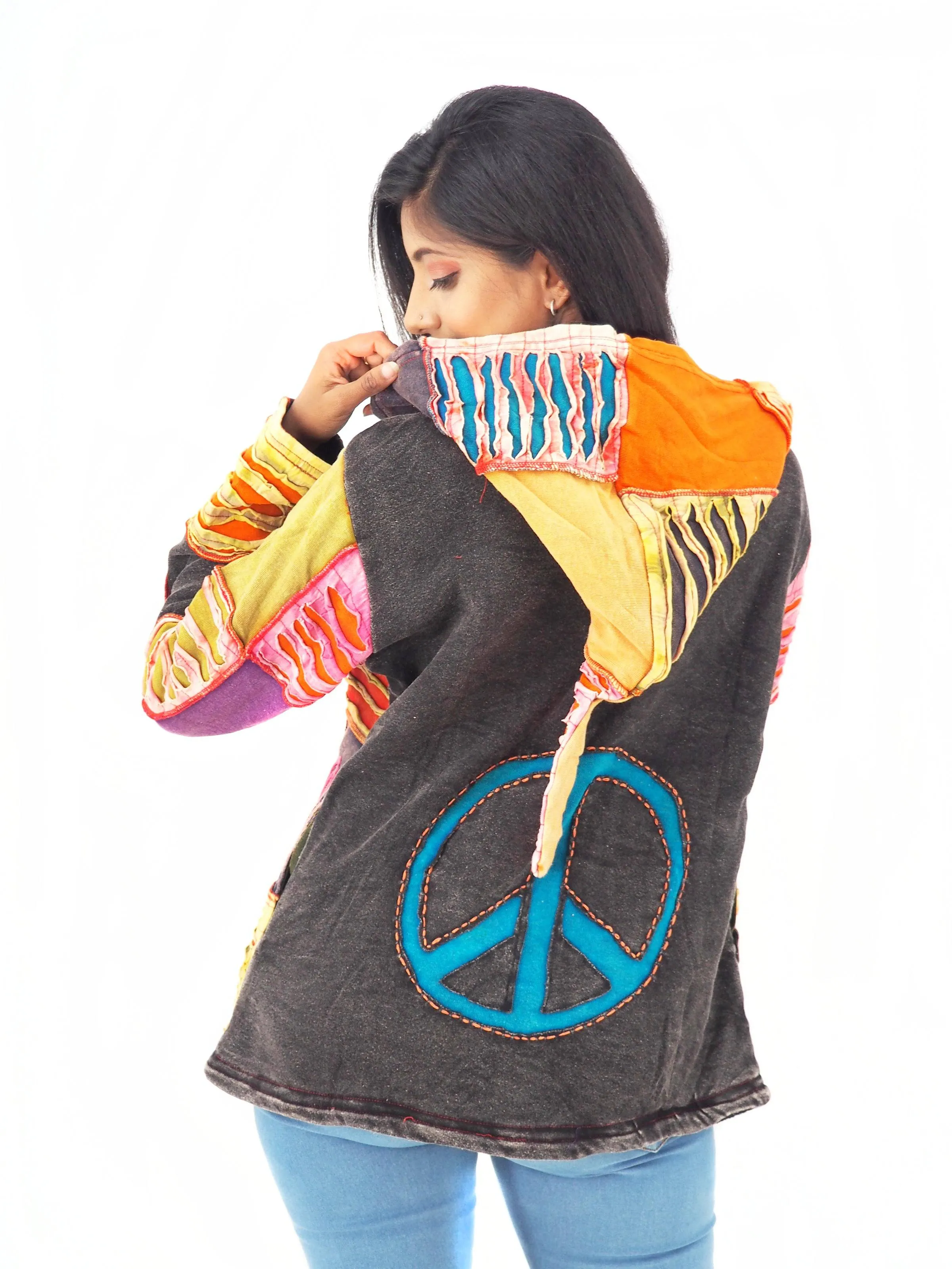 Handmade Patchwork Boho Hippie Hoodie 100% Pre-Washed Cotton Fleece Lined S-M-L-XL