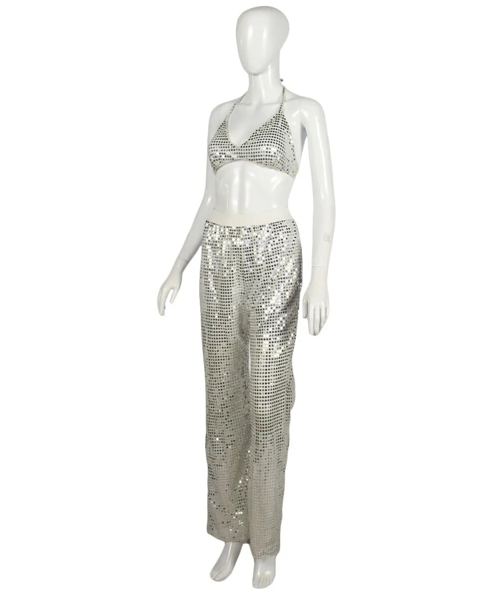 HPO Pryzm Femme Disco Babe Costume - Includes Silver Sequin Bralette and Wide Leg Pants