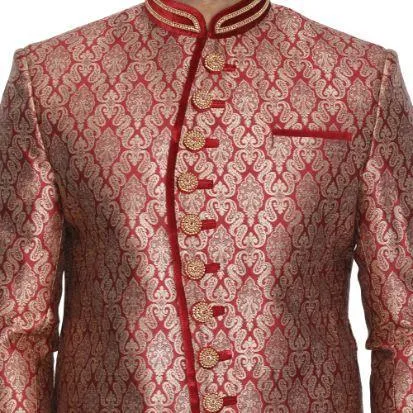 Jashvi Men's Maroon Cotton Silk Blend Sherwani Set