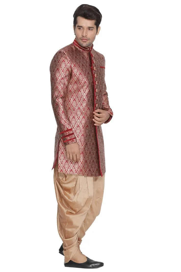 Jashvi Men's Maroon Cotton Silk Blend Sherwani Set