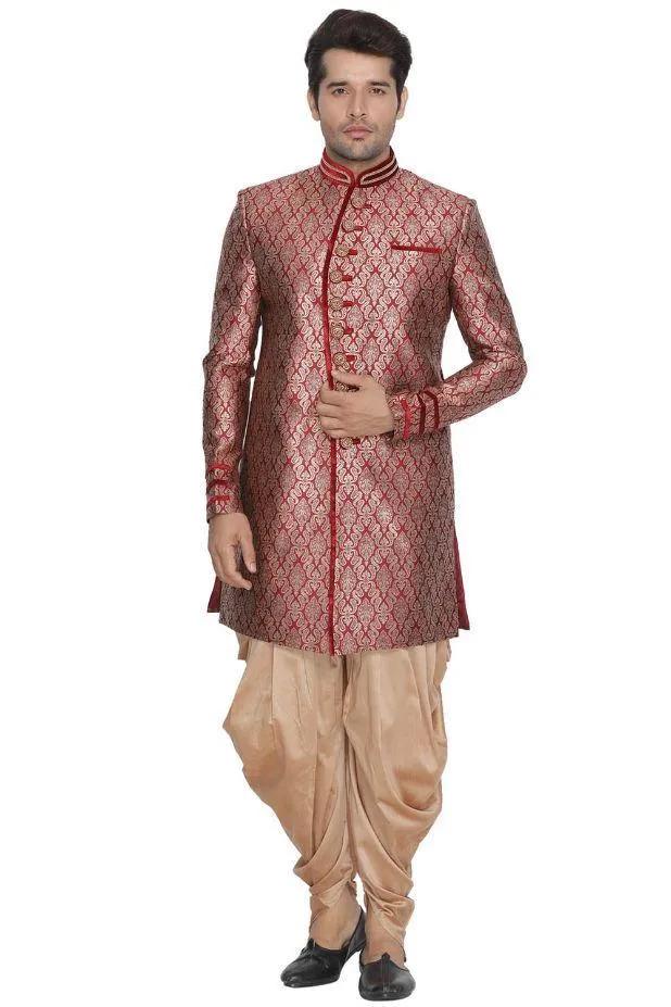 Jashvi Men's Maroon Cotton Silk Blend Sherwani Set