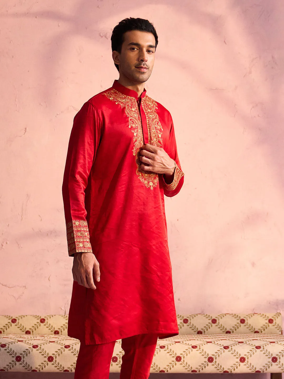 Jashvi Men's Red Silk Blend Embroidered Ethnic Kurta