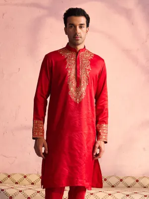 Jashvi Men's Red Silk Blend Embroidered Ethnic Kurta