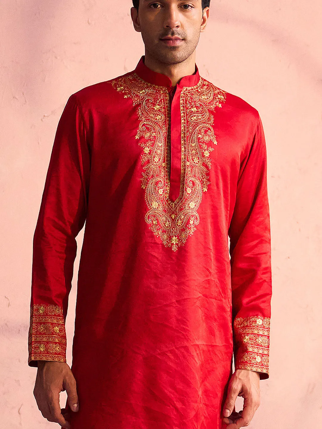 Jashvi Men's Red Silk Blend Embroidered Ethnic Kurta