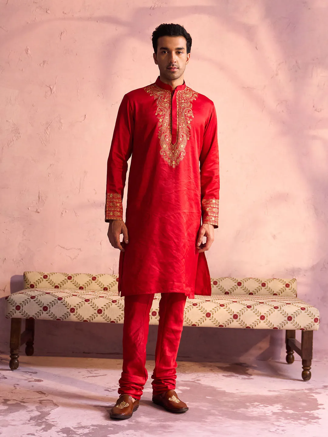 Jashvi Men's Red Silk Blend Embroidered Ethnic Kurta